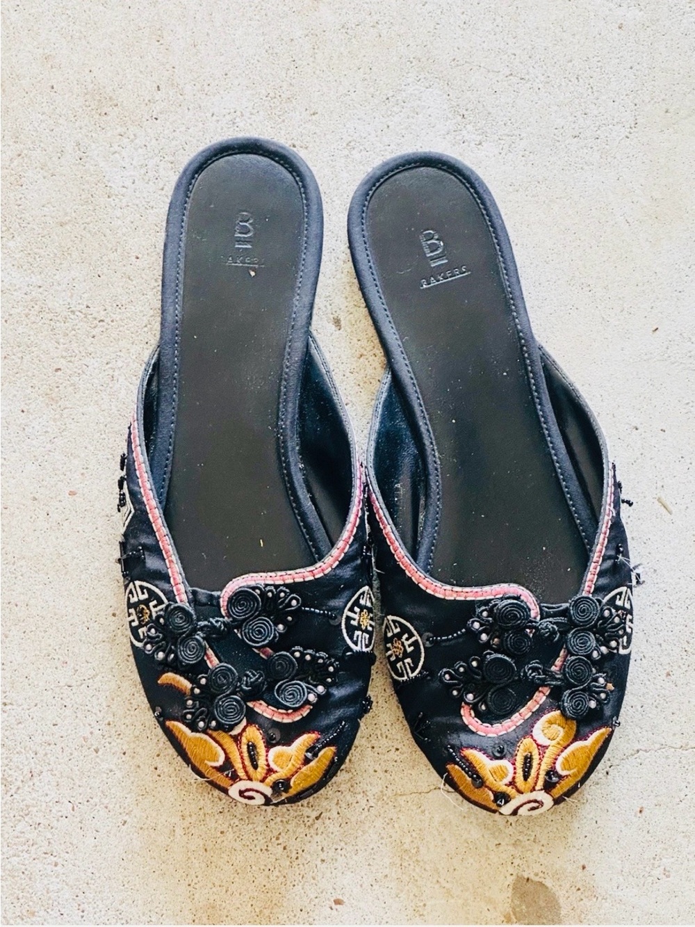 Bakers Black Embroidered Slip-On Sandals with Yellow & Pink Details